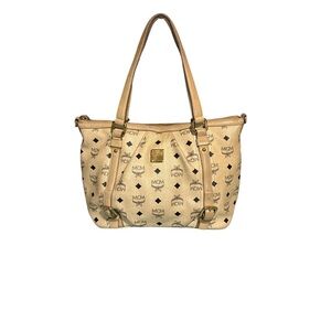 MCM Visetos Monogram Medium Shopper Tote Bag Beige Coated Canvas Designer Purse